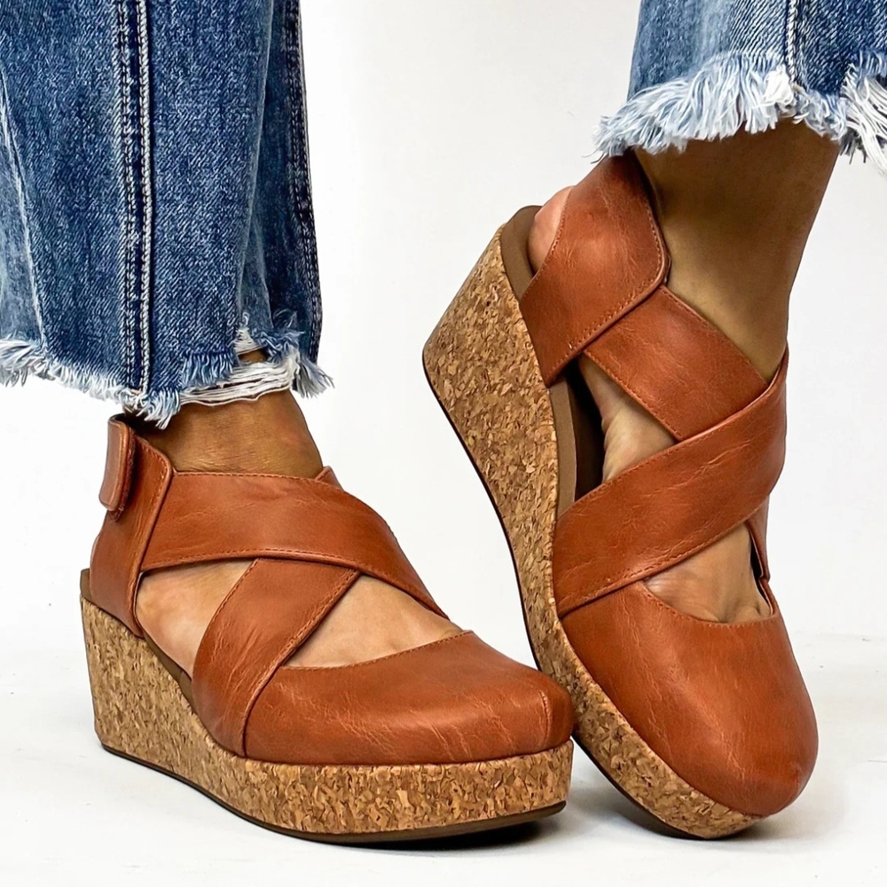 Tan Leather Wedges with Cork Platform and Crisscross Straps